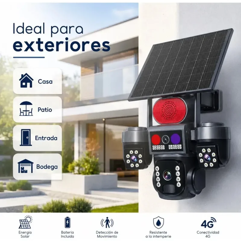 Cámara de Seguridad PTZ Triple Lente Solar 4G, con Audio Bidireccional y Visión Nocturna para Exterior Envio Gratis