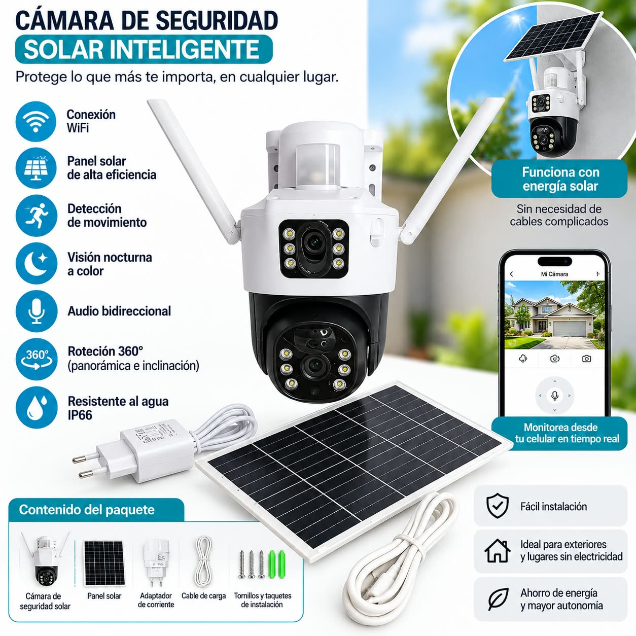 Cámara Solar 360° Exterior Wifi Inalámbrica Doble Lente 4mp Envio Gratis en la RM - Imagen 3