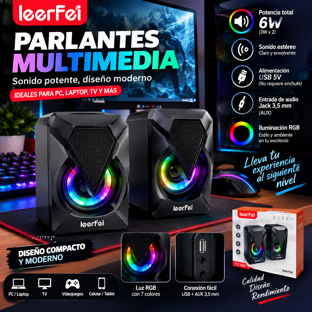 Parlante PC Gamer Luces Plug 3.5mm USB Leerfei YST-1047 Envio Gratis - Imagen 3