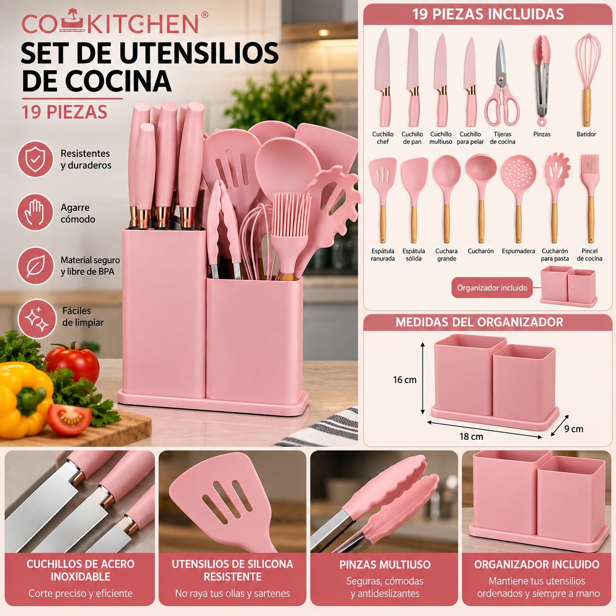 Set de utensilios de cocina COOKITCHEN – 19 piezas Envio Gratis en la RM - Imagen 2