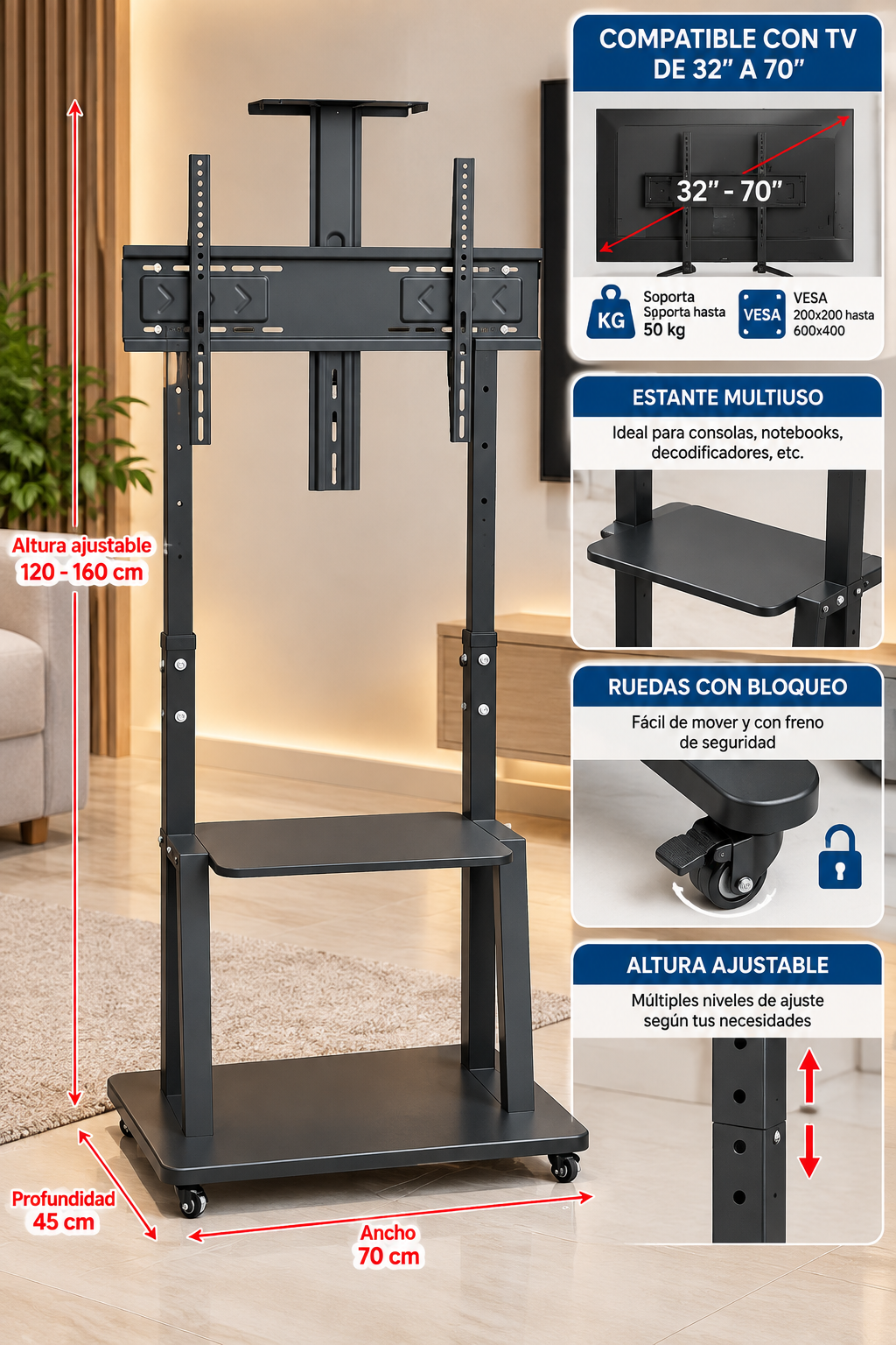 Soporte de TV con base y estante multifuncional Envio Gratis en la RM - Imagen 2