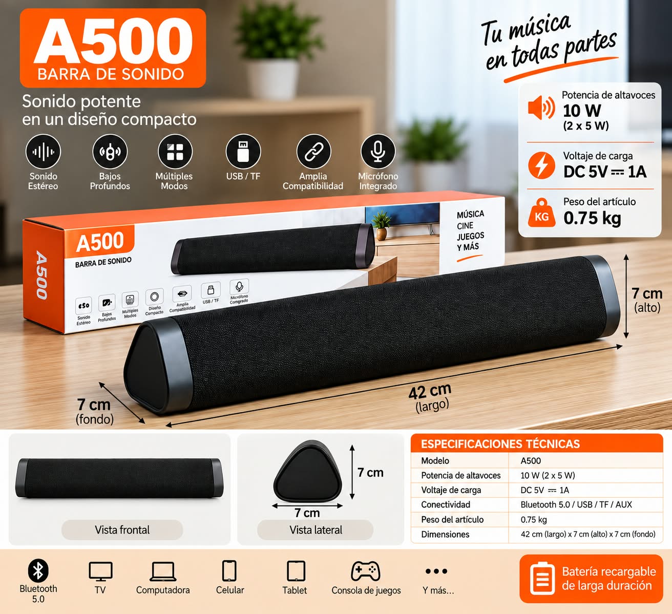 Parlante Bluetooth Sound Bar Home Tv Wireless A500 Envio Gratis - Imagen 5